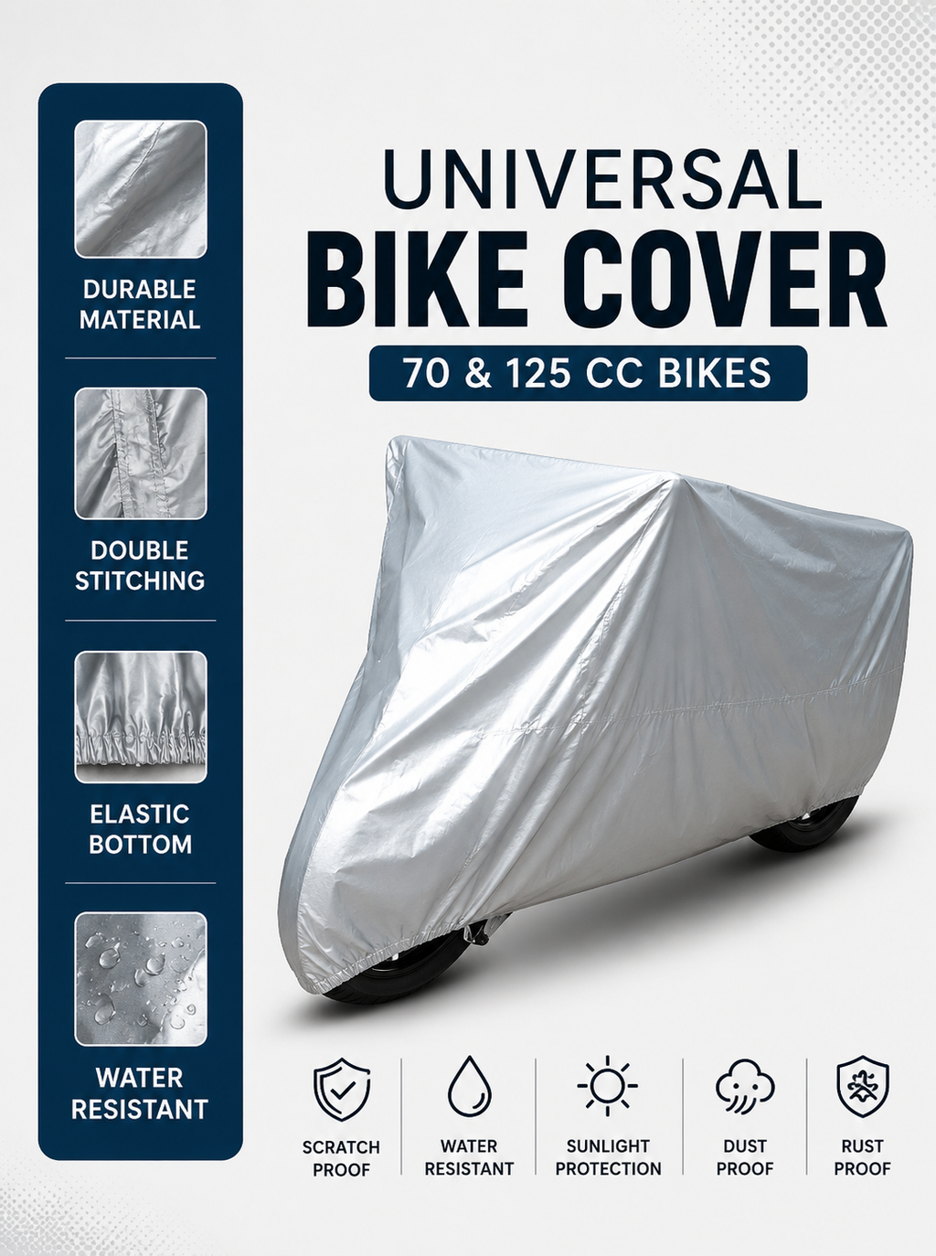 Universal Bike Cover 70 & 125 | Neon Silver Scratch & Rust Proof